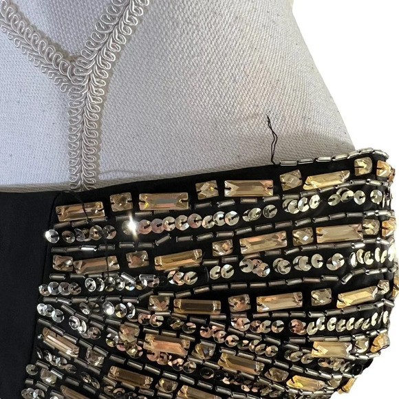 Aqua Strapless Beaded Sequins Dress Size 8 Short Lace Up Backside Black and Gold - Picture 5 of 12